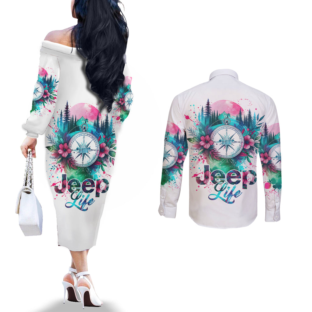 Jeep Life Couples Matching Off The Shoulder Long Sleeve Dress and Long Sleeve Button Shirt Forest Jeep
