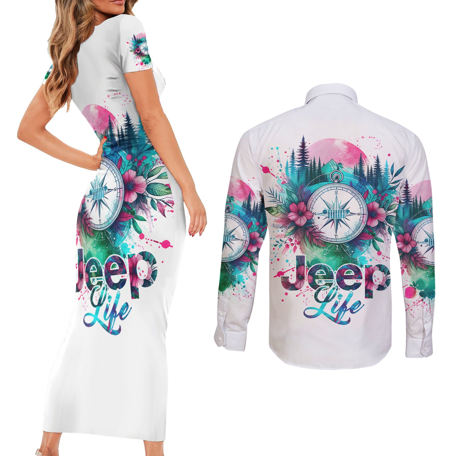 Jeep Life Couples Matching Short Sleeve Bodycon Dress and Long Sleeve Button Shirt Forest Jeep
