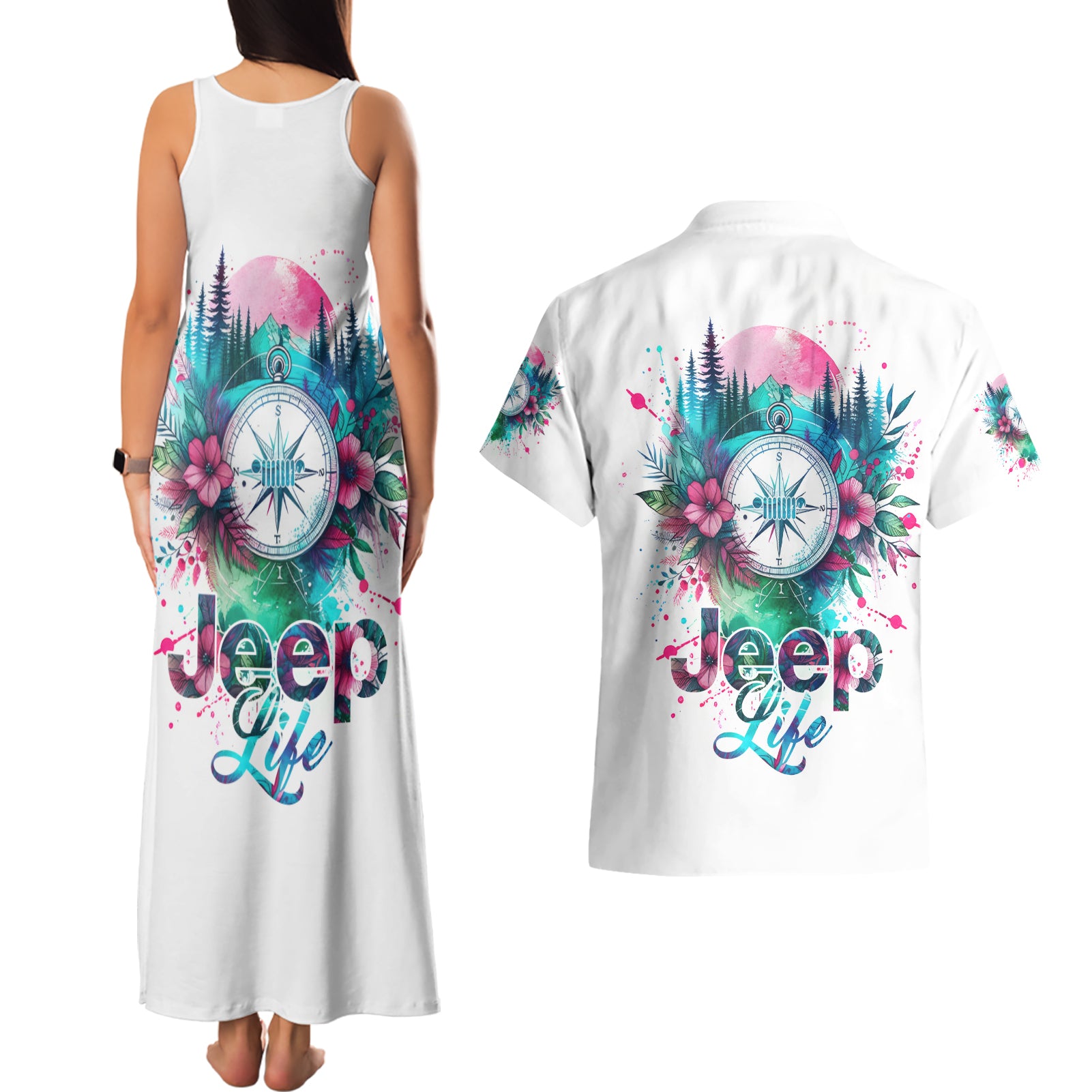 Jeep Life Couples Matching Tank Maxi Dress and Hawaiian Shirt Forest Jeep