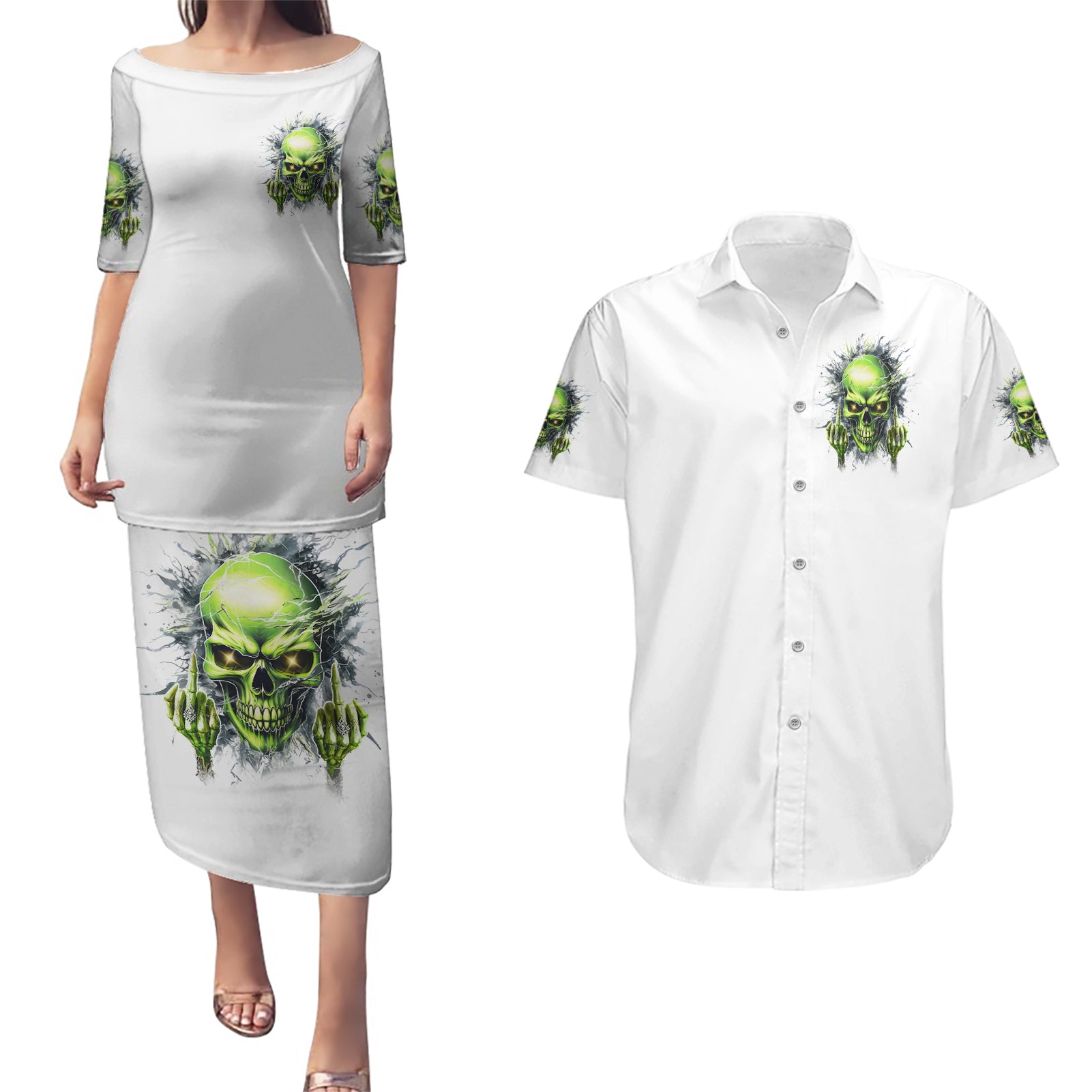 Thunder Skull Couples Matching Puletasi and Hawaiian Shirt The Demon Hide Under Your Bed Mine Hide Inside My Head