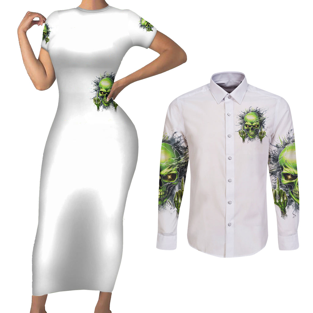 Thunder Skull Couples Matching Short Sleeve Bodycon Dress and Long Sleeve Button Shirt The Demon Hide Under Your Bed Mine Hide Inside My Head