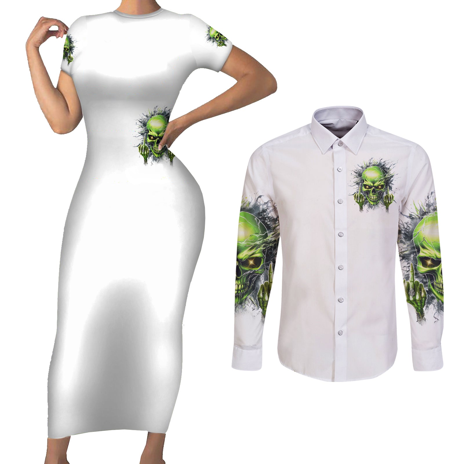 Thunder Skull Couples Matching Short Sleeve Bodycon Dress and Long Sleeve Button Shirt The Demon Hide Under Your Bed Mine Hide Inside My Head