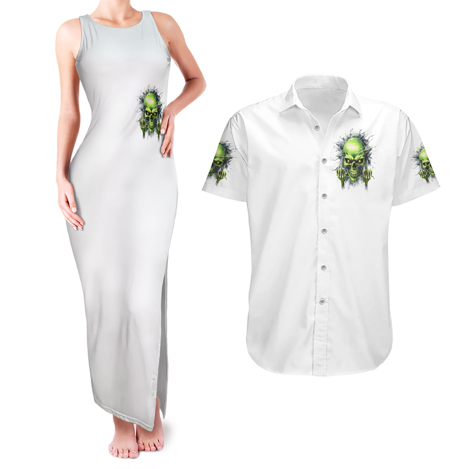 Thunder Skull Couples Matching Tank Maxi Dress and Hawaiian Shirt The Demon Hide Under Your Bed Mine Hide Inside My Head
