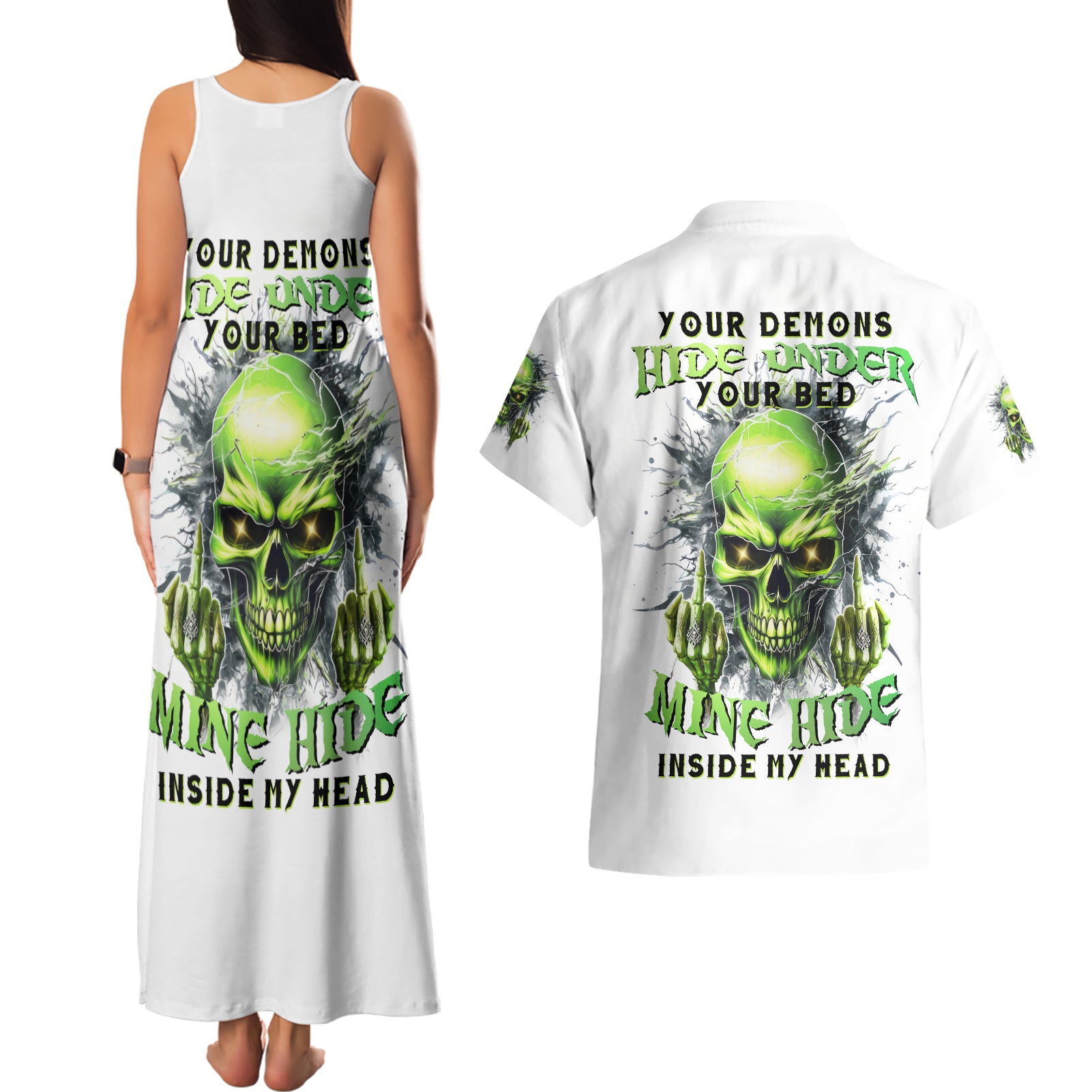 Thunder Skull Couples Matching Tank Maxi Dress and Hawaiian Shirt The Demon Hide Under Your Bed Mine Hide Inside My Head