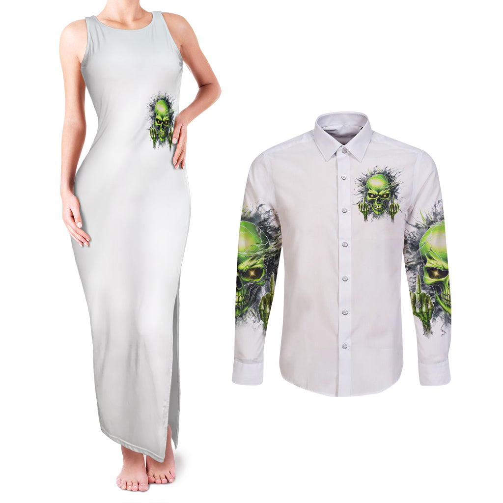 Thunder Skull Couples Matching Tank Maxi Dress and Long Sleeve Button Shirt The Demon Hide Under Your Bed Mine Hide Inside My Head