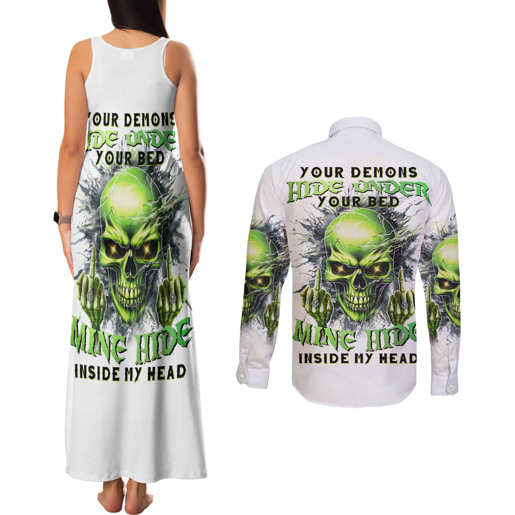 Thunder Skull Couples Matching Tank Maxi Dress and Long Sleeve Button Shirt The Demon Hide Under Your Bed Mine Hide Inside My Head