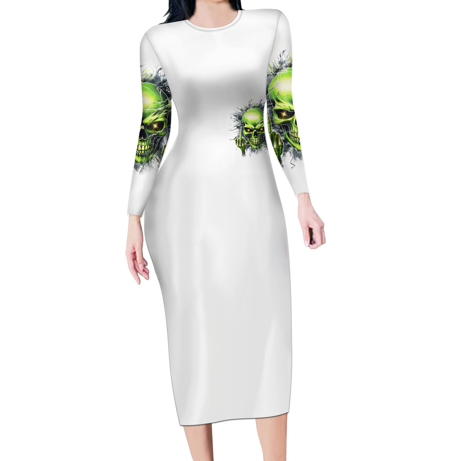 Thunder Skull Long Sleeve Bodycon Dress The Demon Hide Under Your Bed Mine Hide Inside My Head