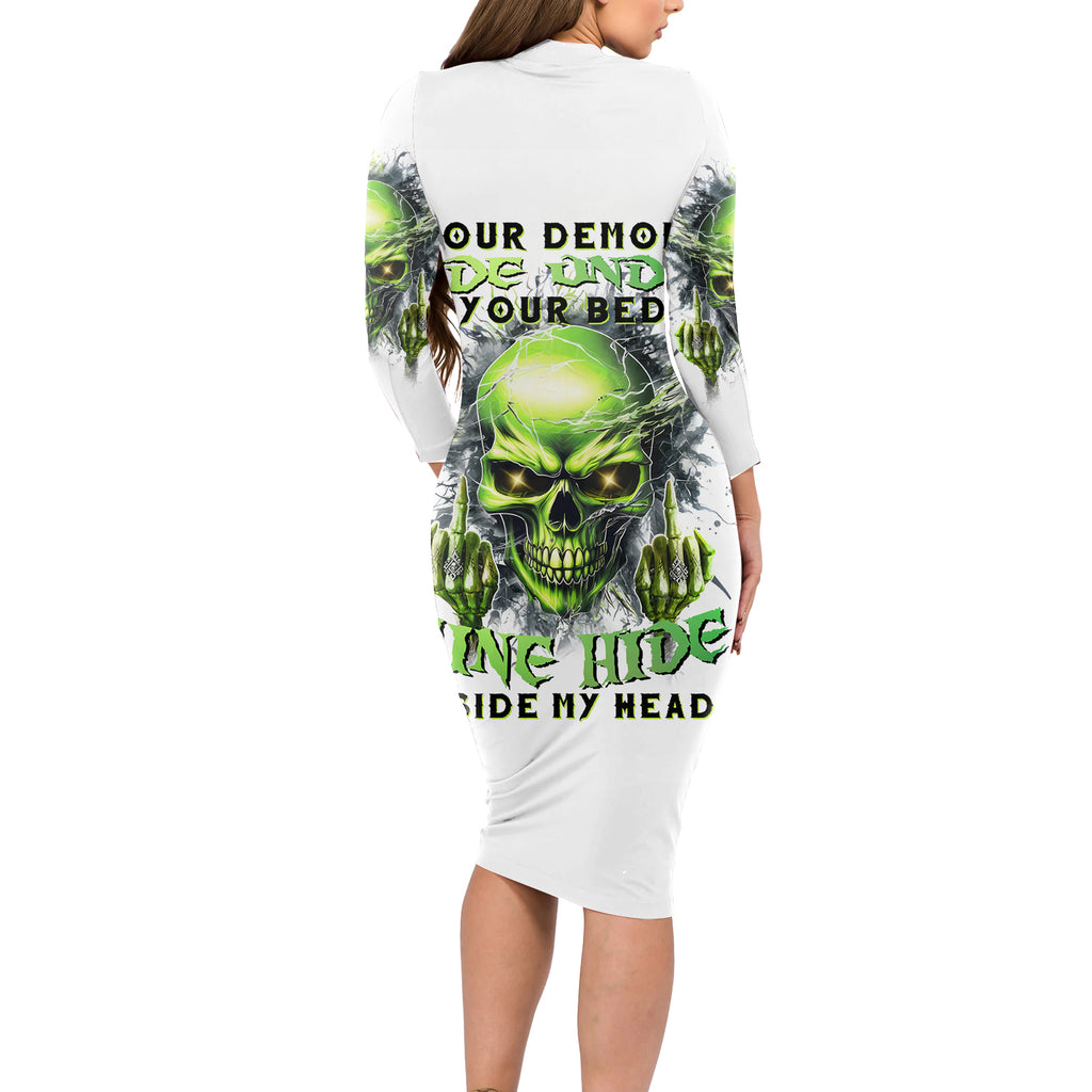 Thunder Skull Long Sleeve Bodycon Dress The Demon Hide Under Your Bed Mine Hide Inside My Head