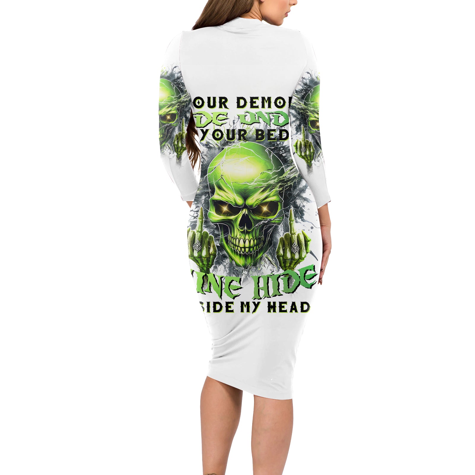 Thunder Skull Long Sleeve Bodycon Dress The Demon Hide Under Your Bed Mine Hide Inside My Head