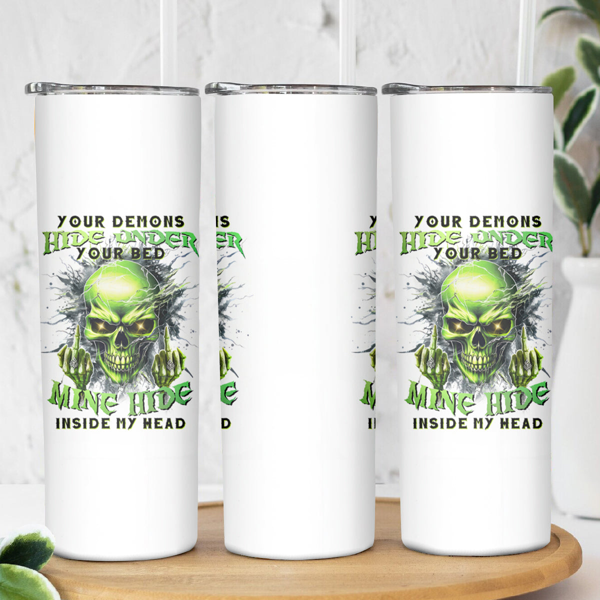 Thunder Skull Skinny Tumbler The Demon Hide Under Your Bed Mine Hide Inside My Head