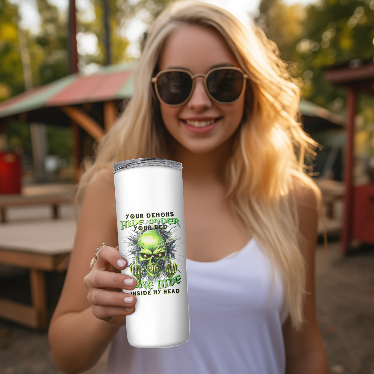 Thunder Skull Skinny Tumbler The Demon Hide Under Your Bed Mine Hide Inside My Head