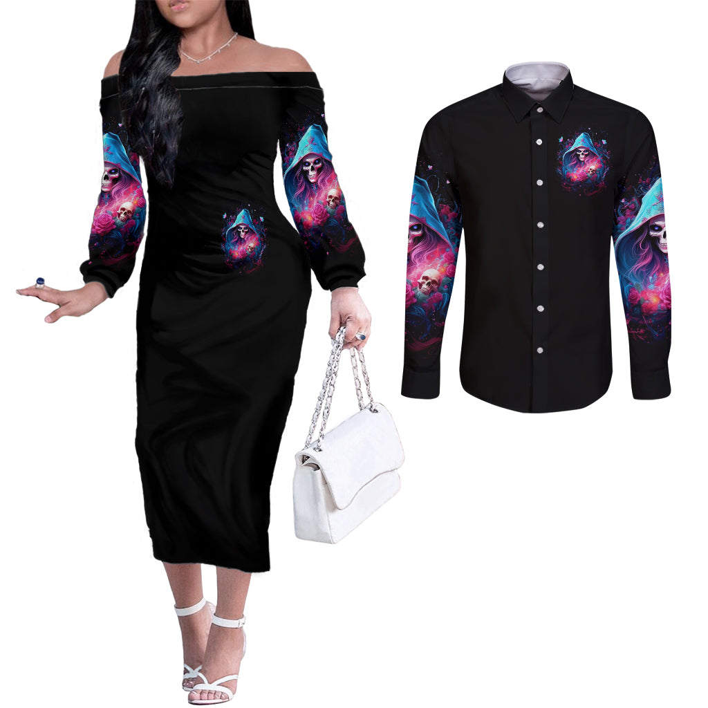 Witch Skull Couples Matching Off The Shoulder Long Sleeve Dress and Long Sleeve Button Shirt Assuming Was Like Most Girls Was Your First Mistake