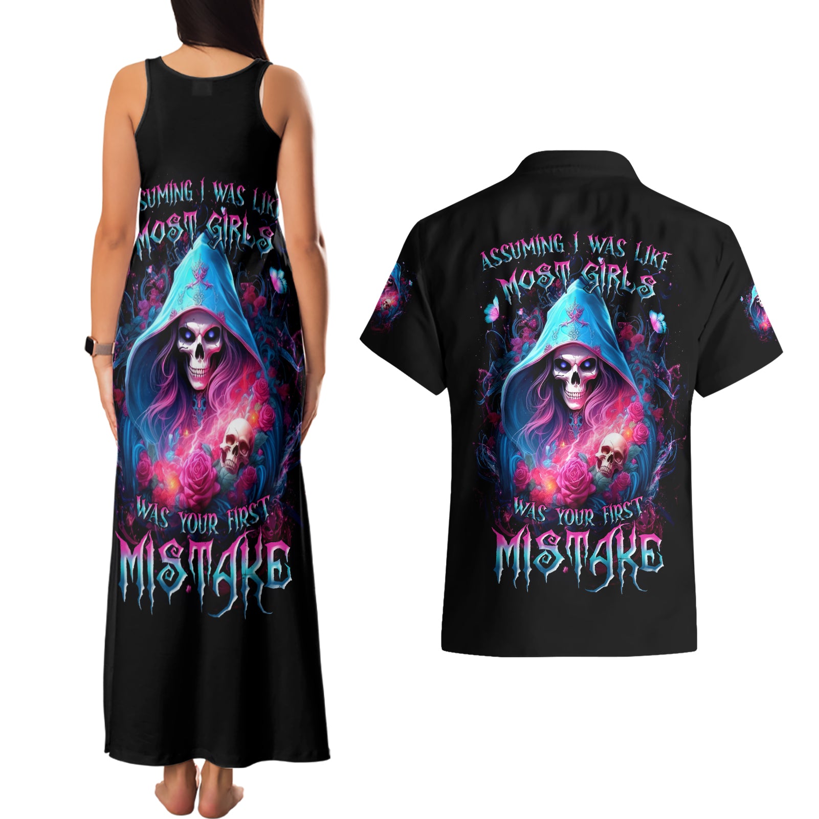 Witch Skull Couples Matching Tank Maxi Dress and Hawaiian Shirt Assuming Was Like Most Girls Was Your First Mistake