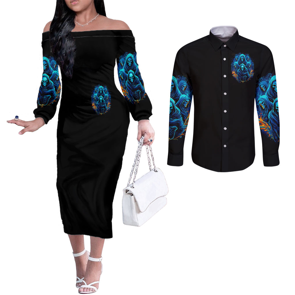 Witch Skull Couples Matching Off The Shoulder Long Sleeve Dress and Long Sleeve Button Shirt Stranger Think I'm Quiet My Best Friends Know I'm Crazy