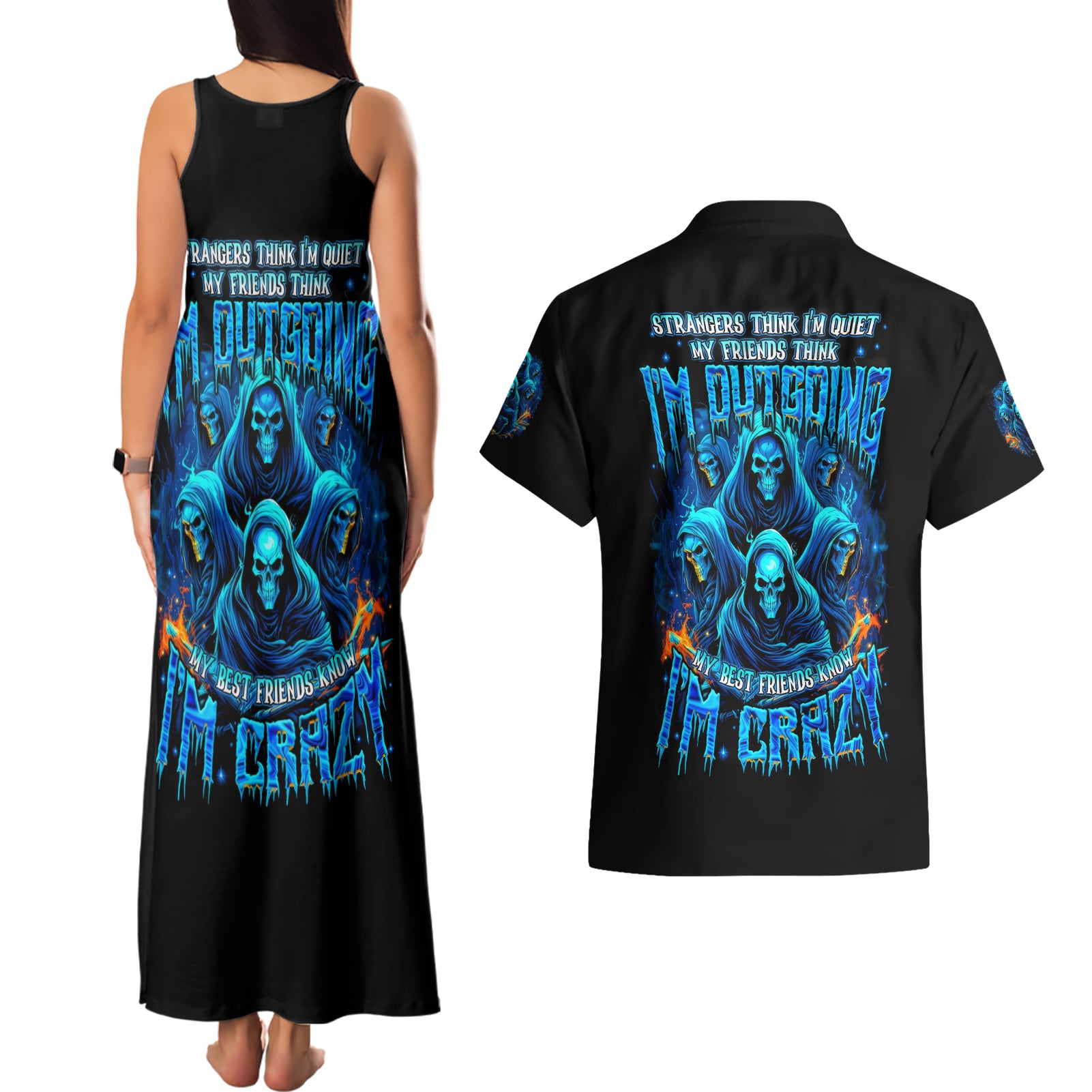 Witch Skull Couples Matching Tank Maxi Dress and Hawaiian Shirt Stranger Think I'm Quiet My Best Friends Know I'm Crazy