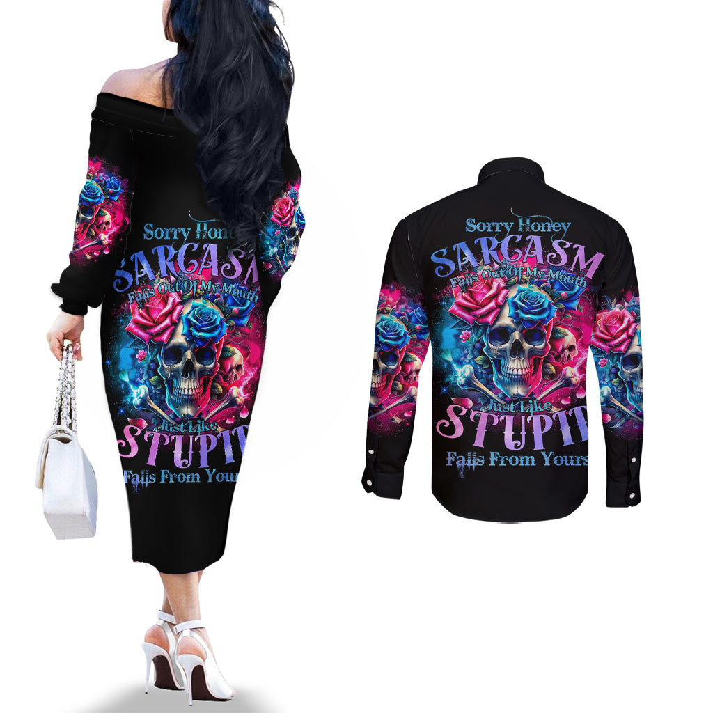 Rose SKull Couples Matching Off The Shoulder Long Sleeve Dress and Long Sleeve Button Shirt Sorry Honey Sarcasm Falls Out Of My Mouth Just Like Stupid Fall From Your