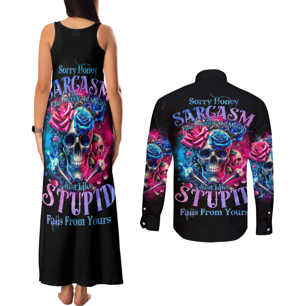 Rose SKull Couples Matching Tank Maxi Dress and Long Sleeve Button Shirt Sorry Honey Sarcasm Falls Out Of My Mouth Just Like Stupid Fall From Your