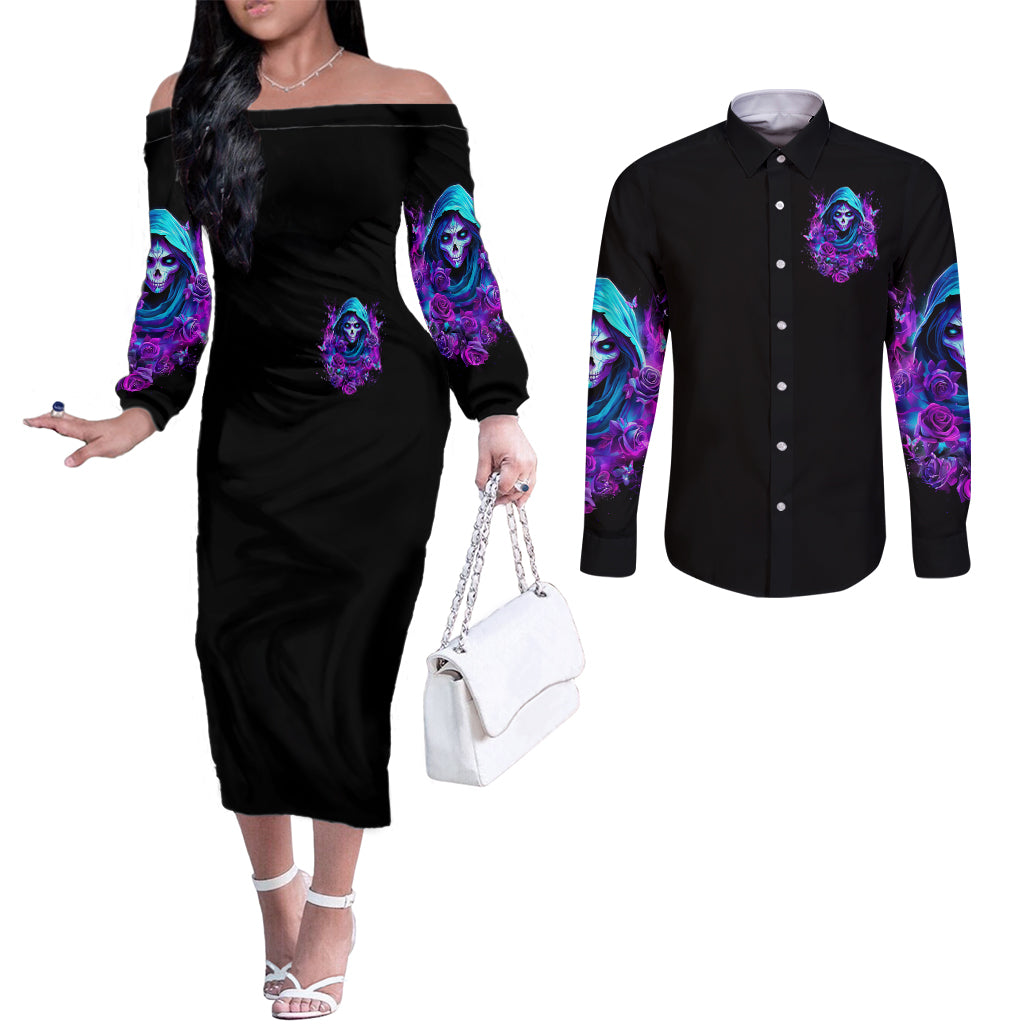 Witch Skull Couples Matching Off The Shoulder Long Sleeve Dress and Long Sleeve Button Shirt I Hold A Beast An Angel And Crazy Lady In Me
