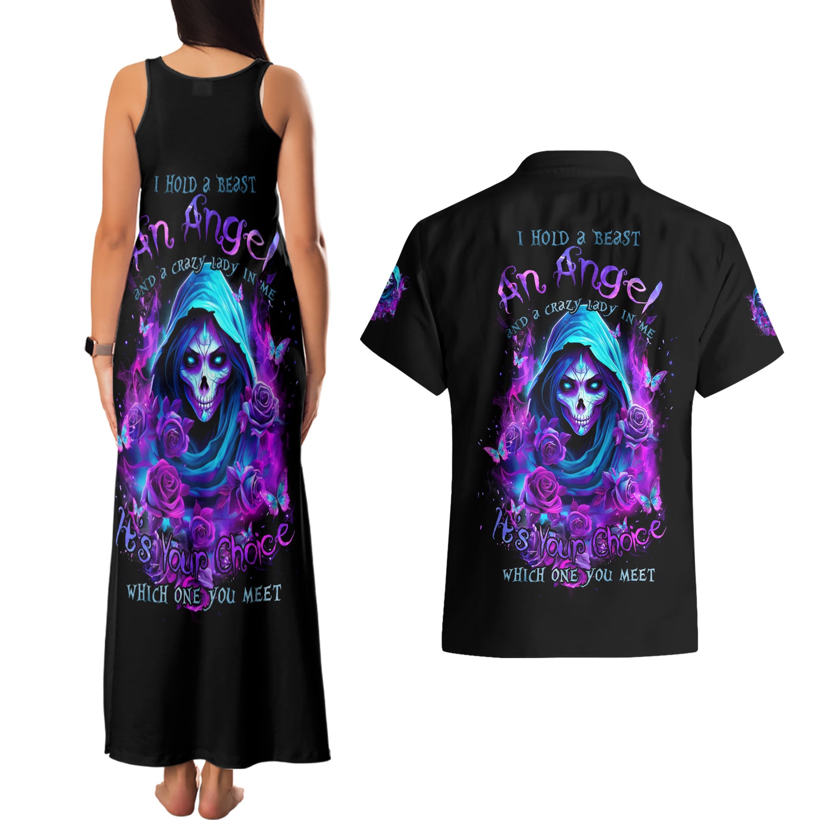 Witch Skull Couples Matching Tank Maxi Dress and Hawaiian Shirt I Hold A Beast An Angel And Crazy Lady In Me