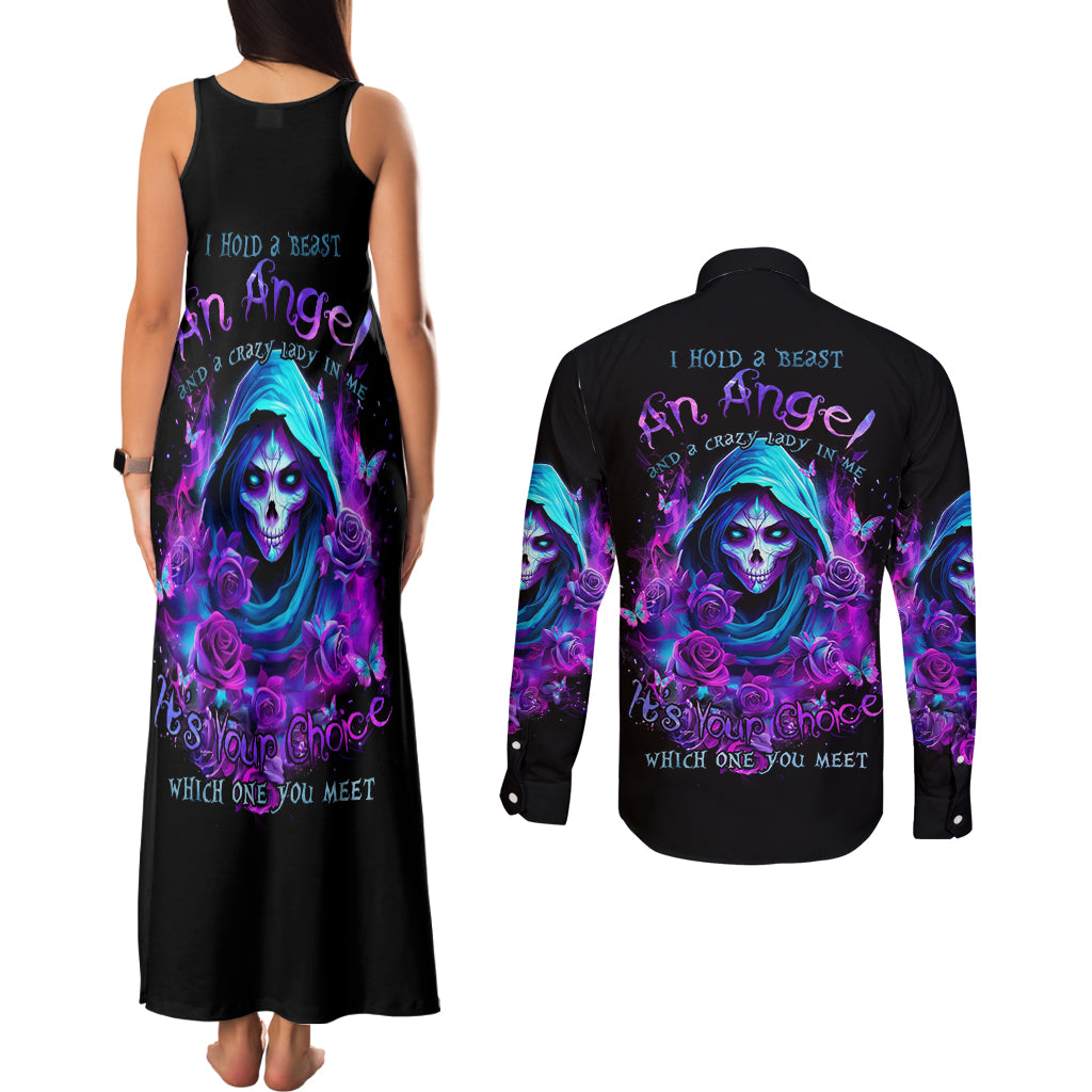 Witch Skull Couples Matching Tank Maxi Dress and Long Sleeve Button Shirt I Hold A Beast An Angel And Crazy Lady In Me
