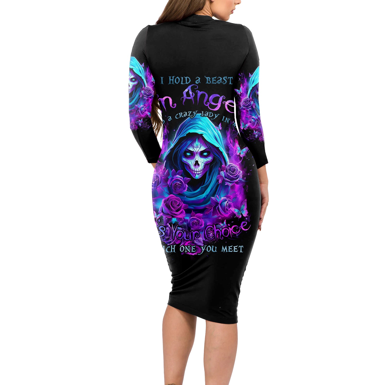 Witch Skull Long Sleeve Bodycon Dress I Hold A Beast An Angel And Crazy Lady In Me