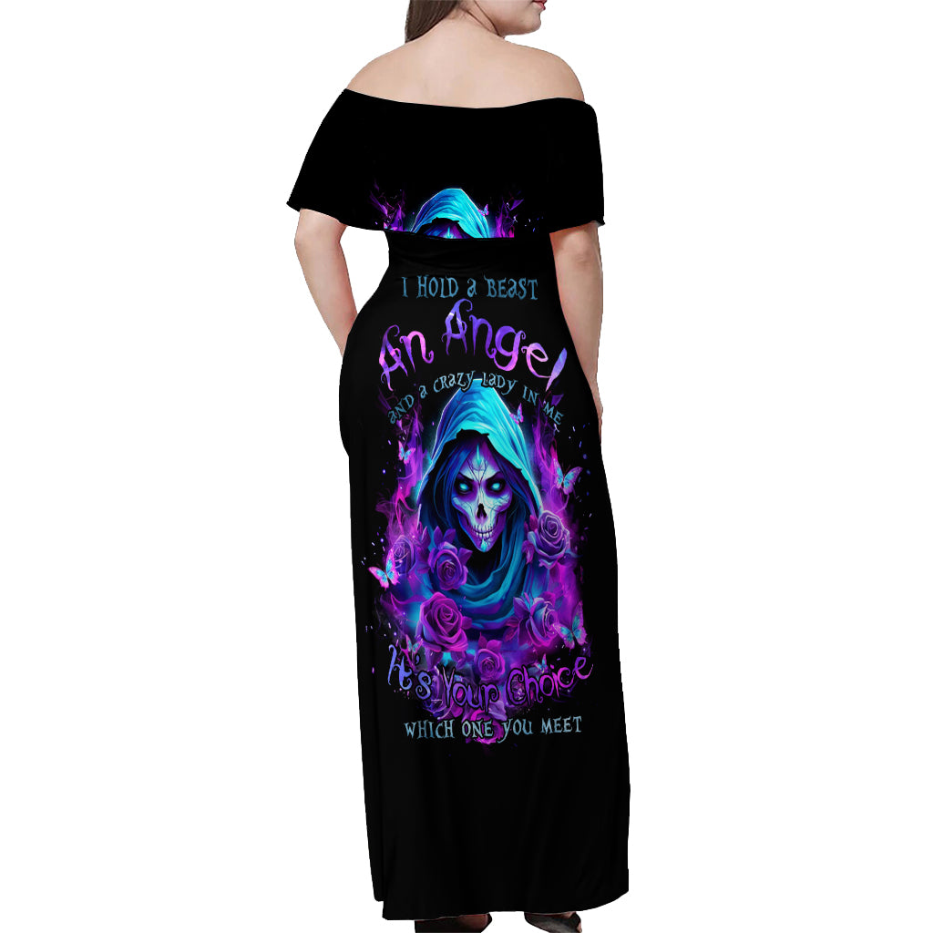 Witch Skull Off Shoulder Maxi Dress I Hold A Beast An Angel And Crazy Lady In Me
