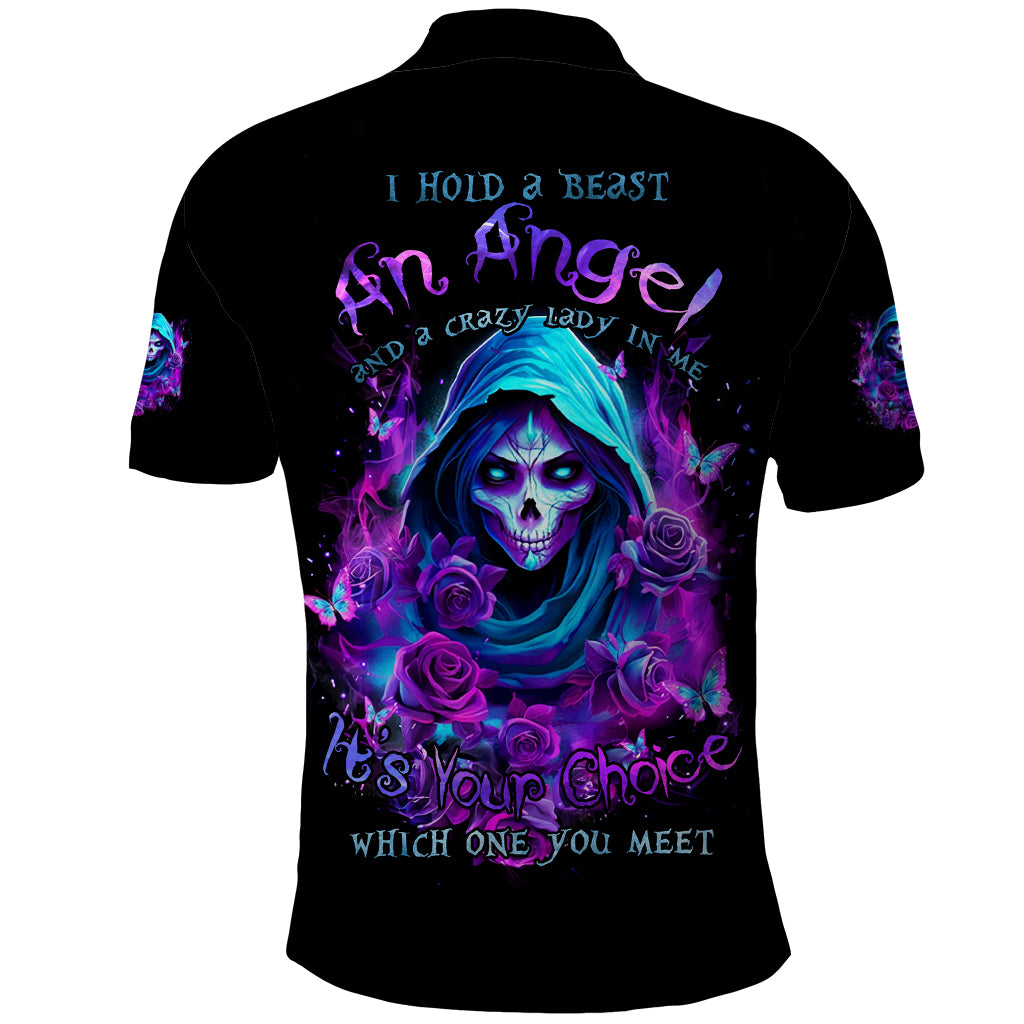 Witch Skull Polo Shirt I Hold A Beast An Angel And Crazy Lady In Me