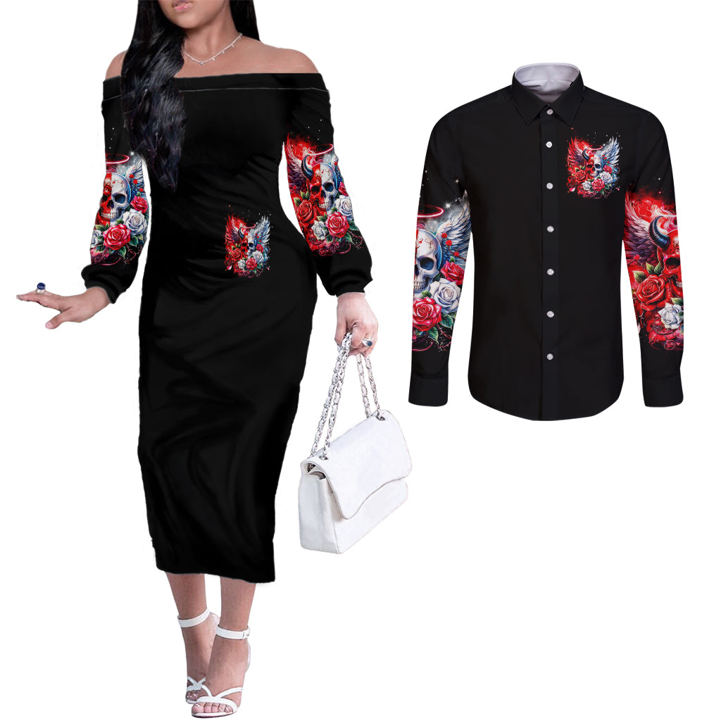 Evil Angel Skull Couples Matching Off The Shoulder Long Sleeve Dress and Long Sleeve Button Shirt Heaven Don't Want Me And Hell Afraid