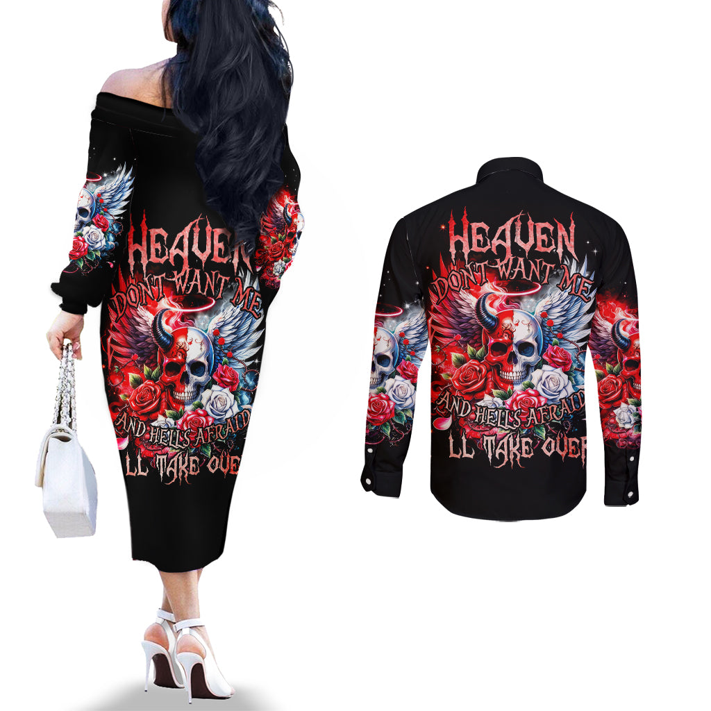 Evil Angel Skull Couples Matching Off The Shoulder Long Sleeve Dress and Long Sleeve Button Shirt Heaven Don't Want Me And Hell Afraid