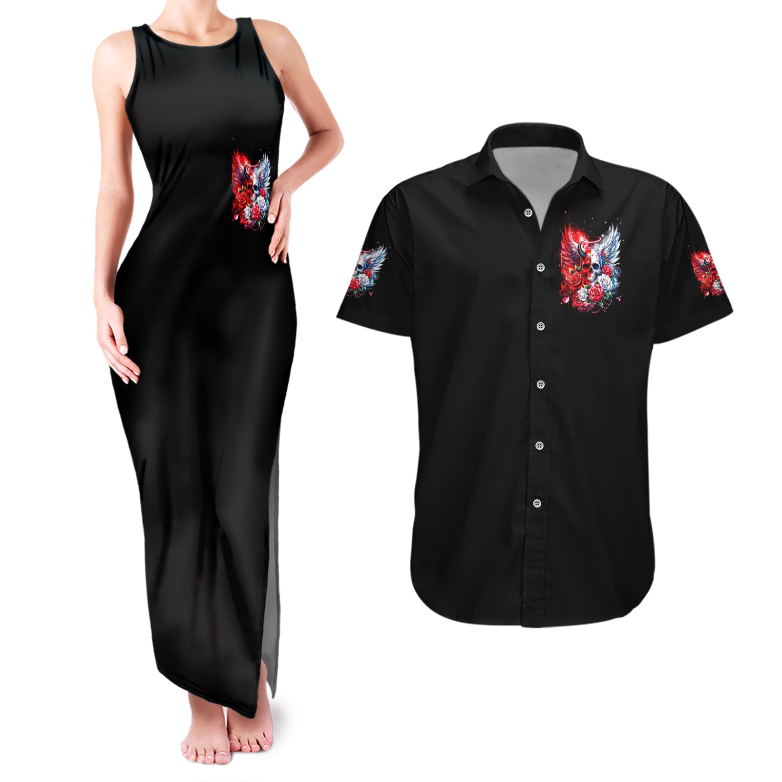 Evil Angel Skull Couples Matching Tank Maxi Dress and Hawaiian Shirt Heaven Don't Want Me And Hell Afraid
