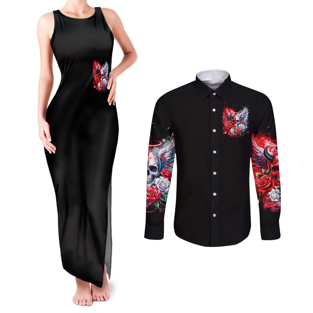 Evil Angel Skull Couples Matching Tank Maxi Dress and Long Sleeve Button Shirt Heaven Don't Want Me And Hell Afraid