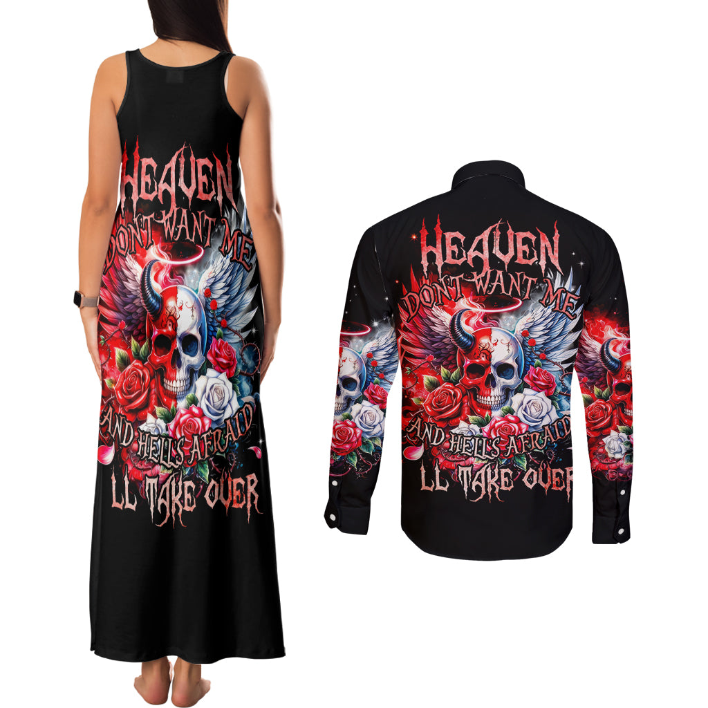 Evil Angel Skull Couples Matching Tank Maxi Dress and Long Sleeve Button Shirt Heaven Don't Want Me And Hell Afraid