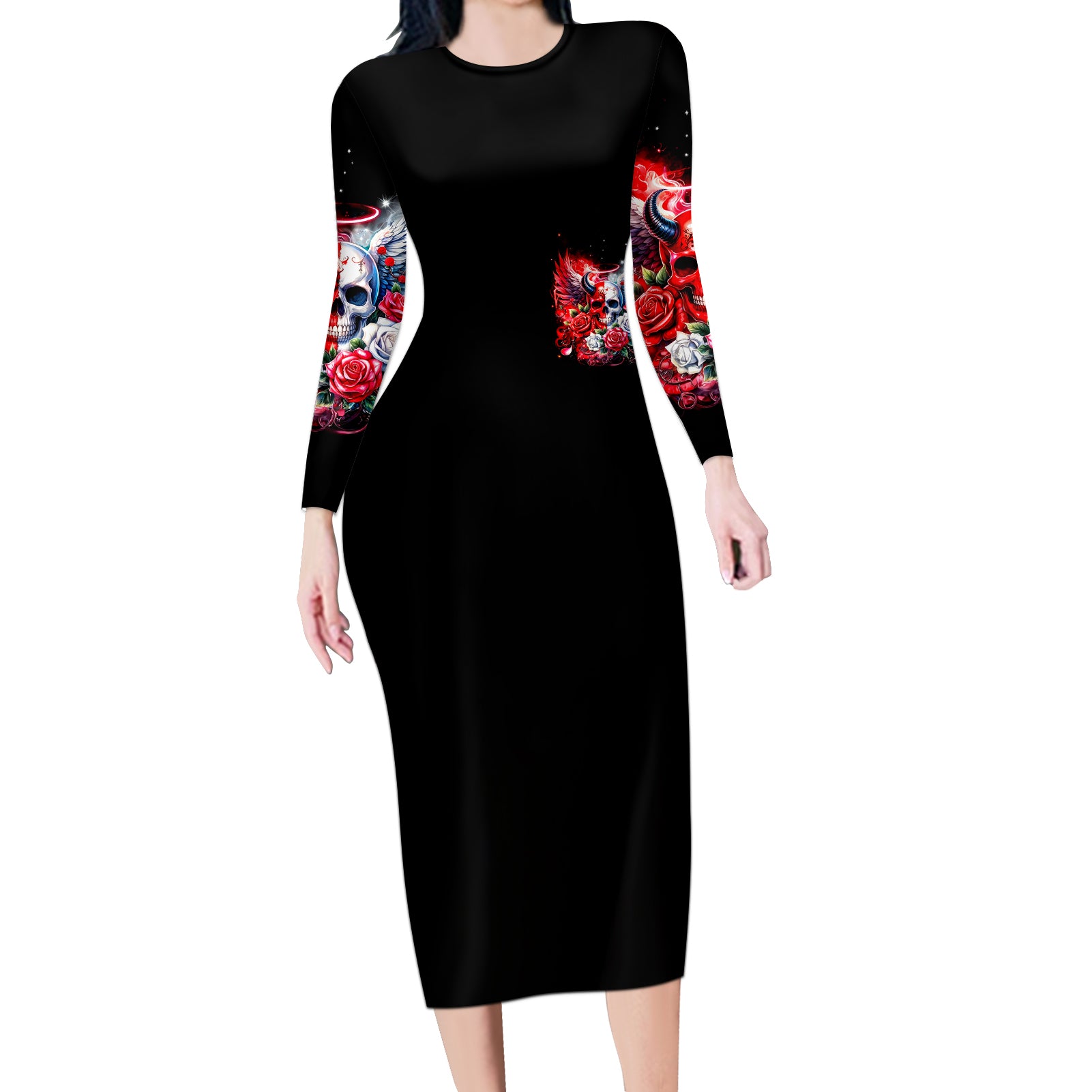 Evil Angel Skull Long Sleeve Bodycon Dress Heaven Don't Want Me And Hell Afraid