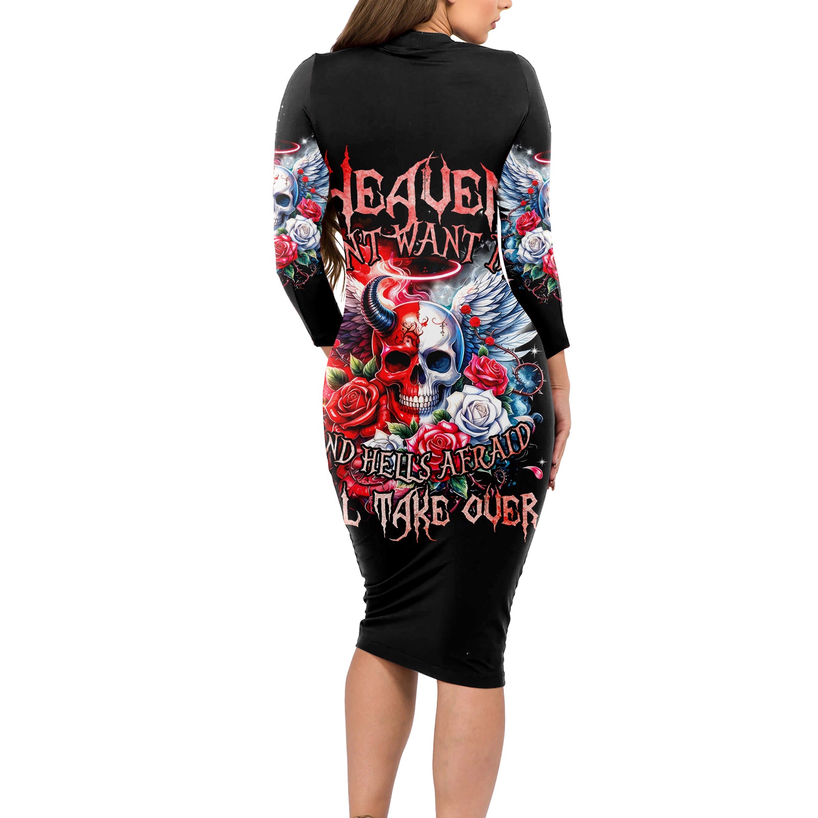 Evil Angel Skull Long Sleeve Bodycon Dress Heaven Don't Want Me And Hell Afraid