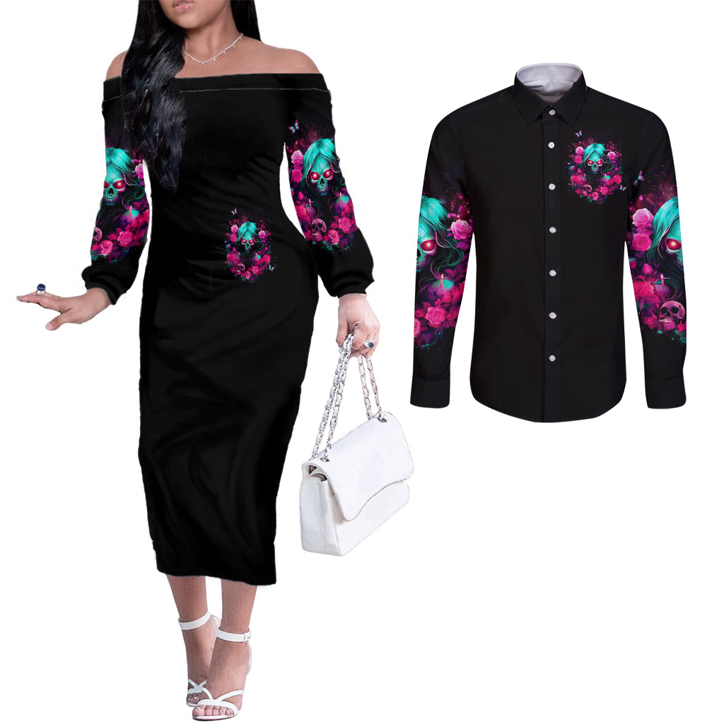 Rose Skull Couples Matching Off The Shoulder Long Sleeve Dress and Long Sleeve Button Shirt I'm Not Anti-Social I'm Just Not User Friendly