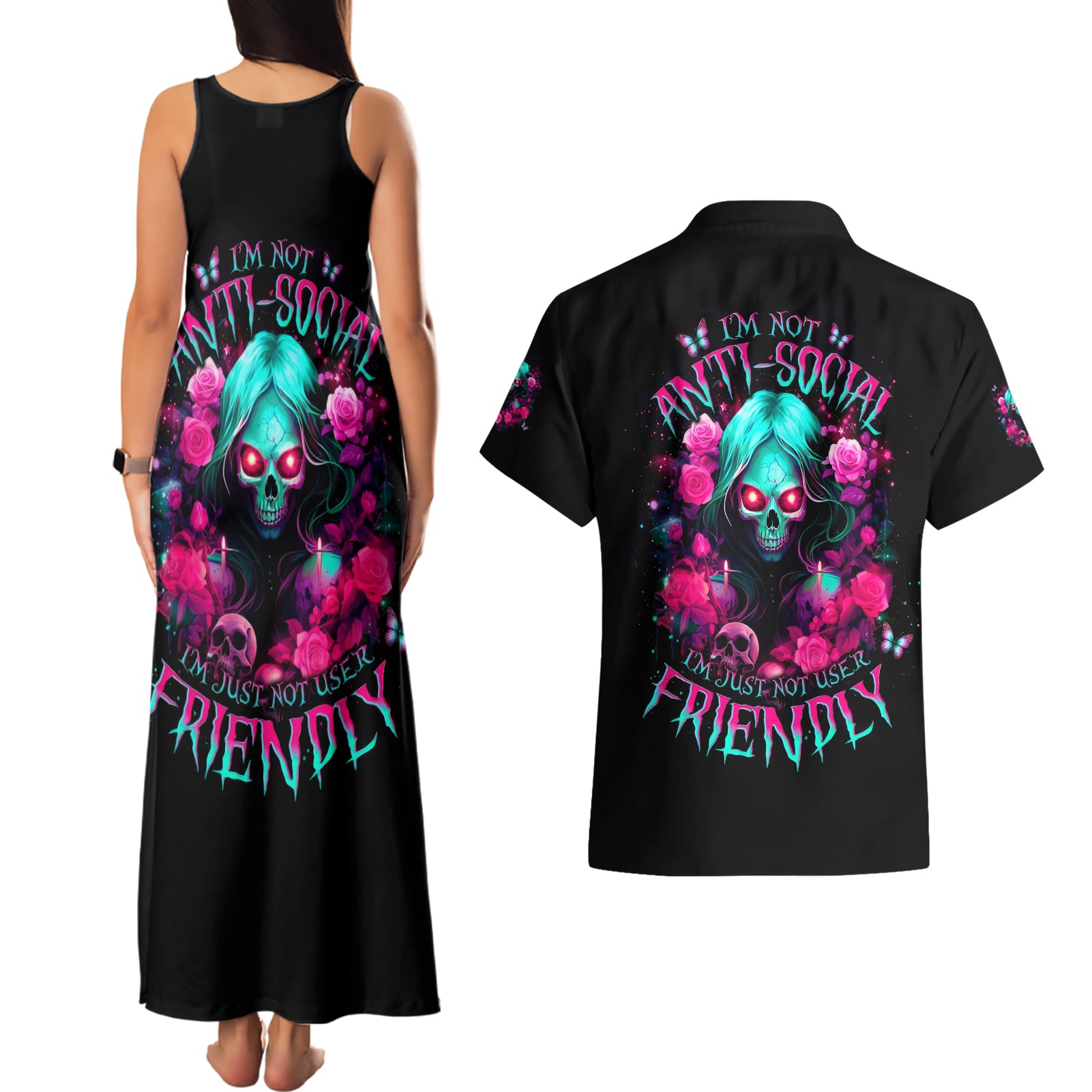 Rose Skull Couples Matching Tank Maxi Dress and Hawaiian Shirt I'm Not Anti-Social I'm Just Not User Friendly