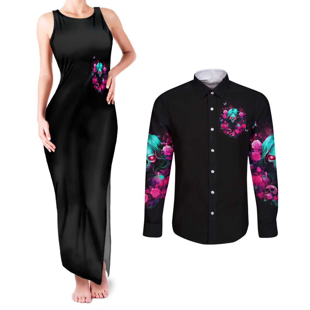 Rose Skull Couples Matching Tank Maxi Dress and Long Sleeve Button Shirt I'm Not Anti-Social I'm Just Not User Friendly