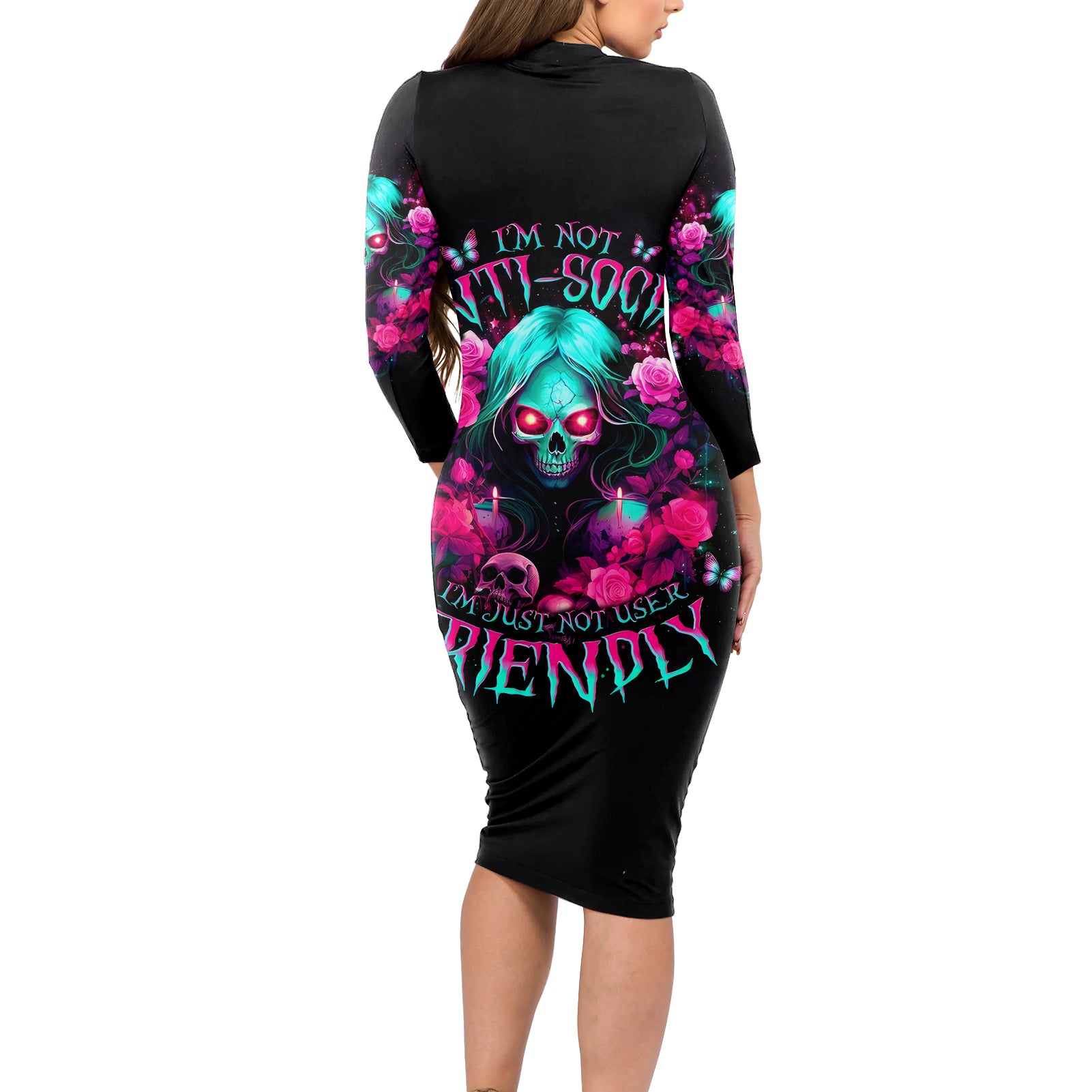 Rose Skull Long Sleeve Bodycon Dress I'm Not Anti-Social I'm Just Not User Friendly