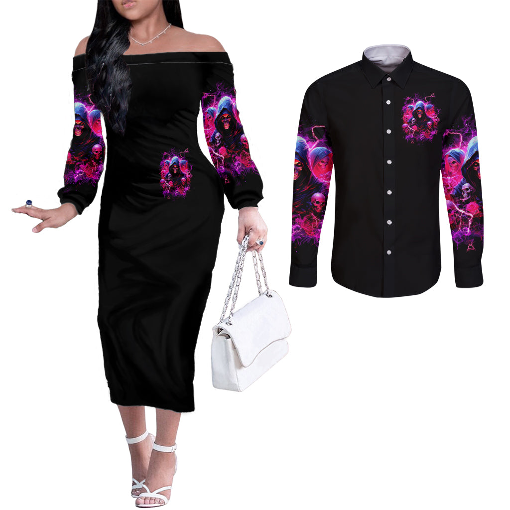Witch Skull Couples Matching Off The Shoulder Long Sleeve Dress and Long Sleeve Button Shirt I'm Not Anti-Social I'm Just Not User Friendly