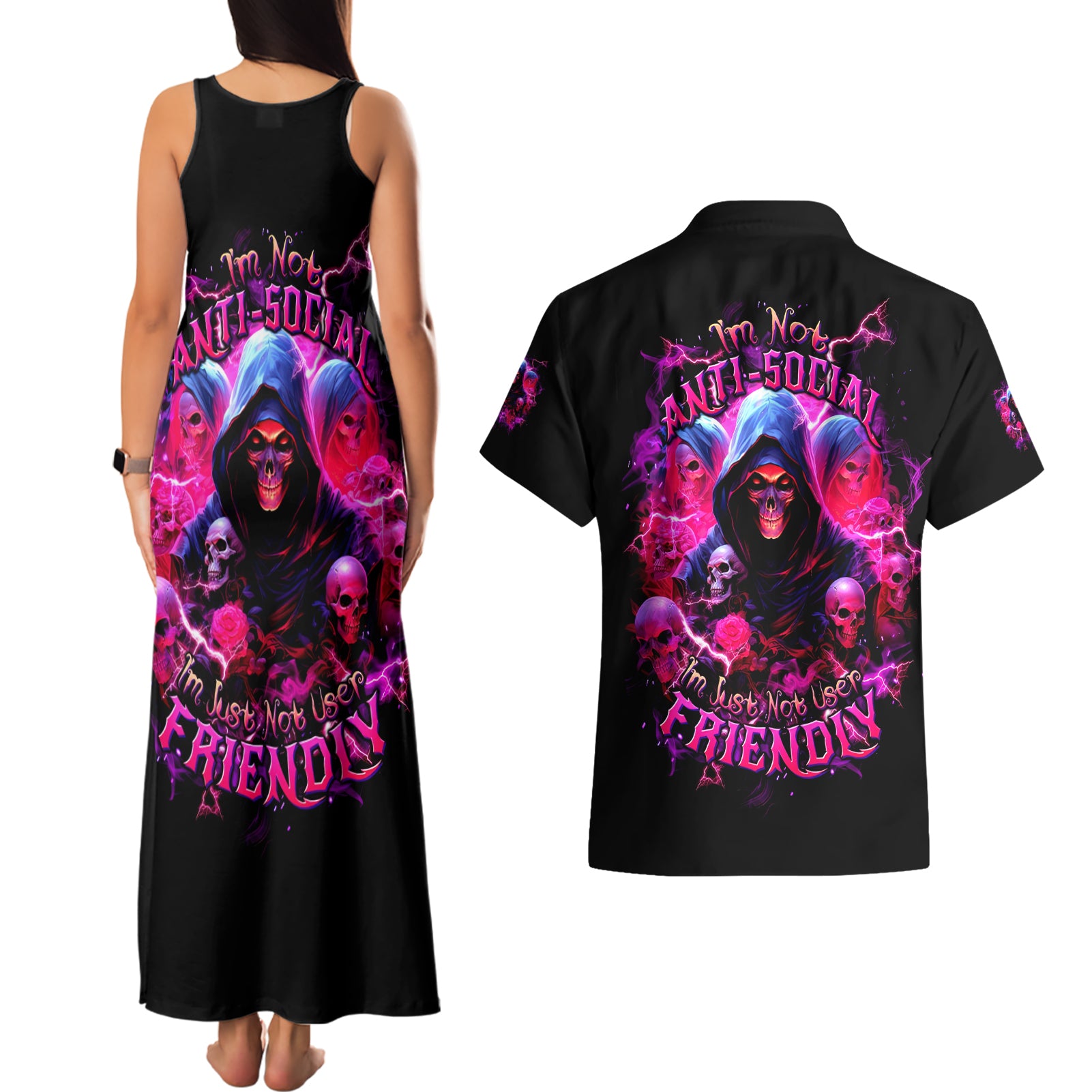 Witch Skull Couples Matching Tank Maxi Dress and Hawaiian Shirt I'm Not Anti-Social I'm Just Not User Friendly