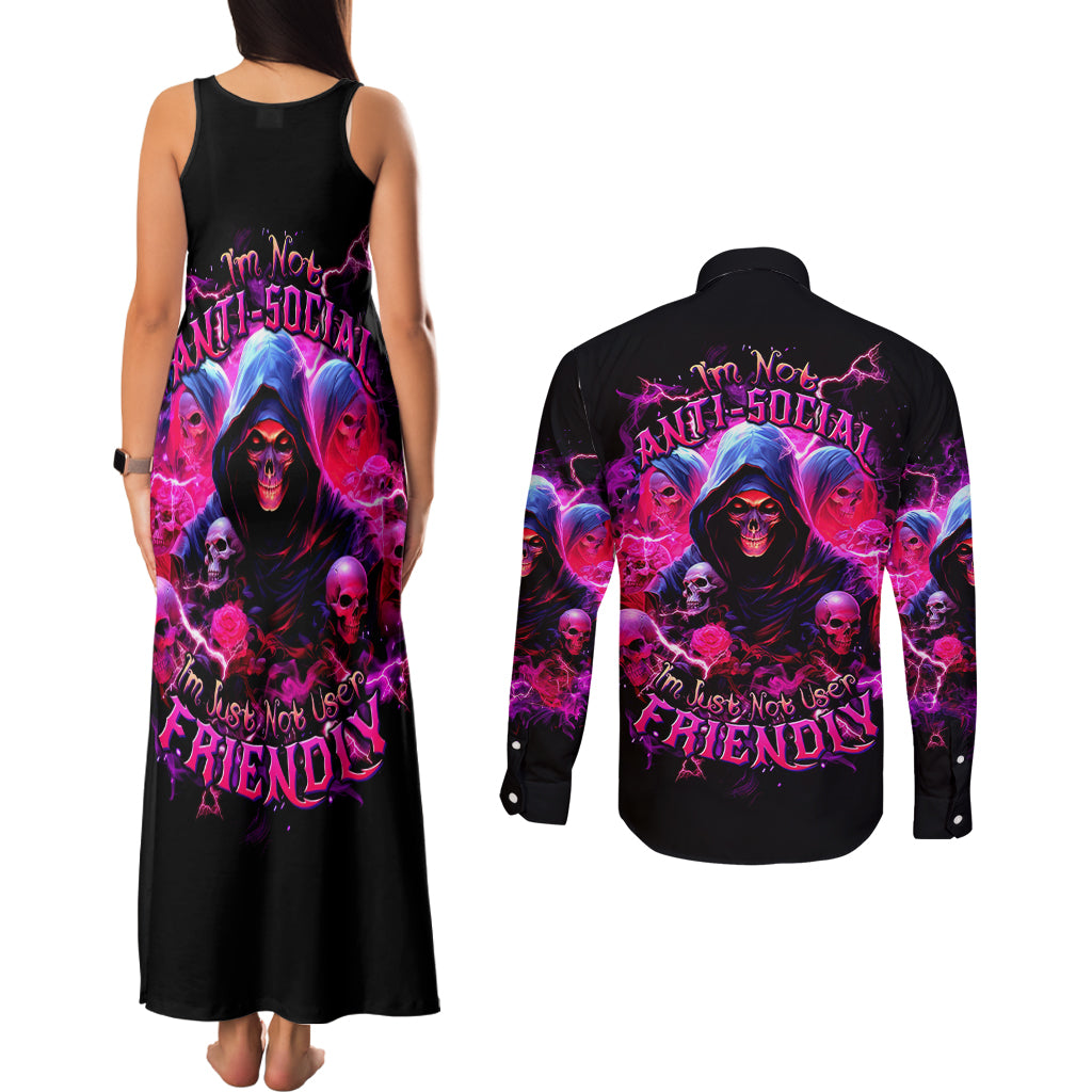 Witch Skull Couples Matching Tank Maxi Dress and Long Sleeve Button Shirt I'm Not Anti-Social I'm Just Not User Friendly