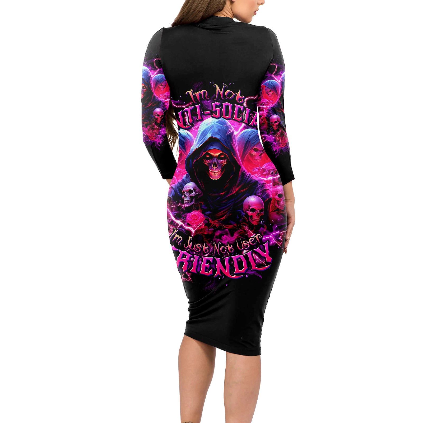 Witch Skull Long Sleeve Bodycon Dress I'm Not Anti-Social I'm Just Not User Friendly
