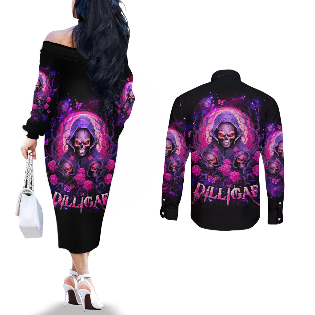 Rose Skull Couples Matching Off The Shoulder Long Sleeve Dress and Long Sleeve Button Shirt DILLIGAG