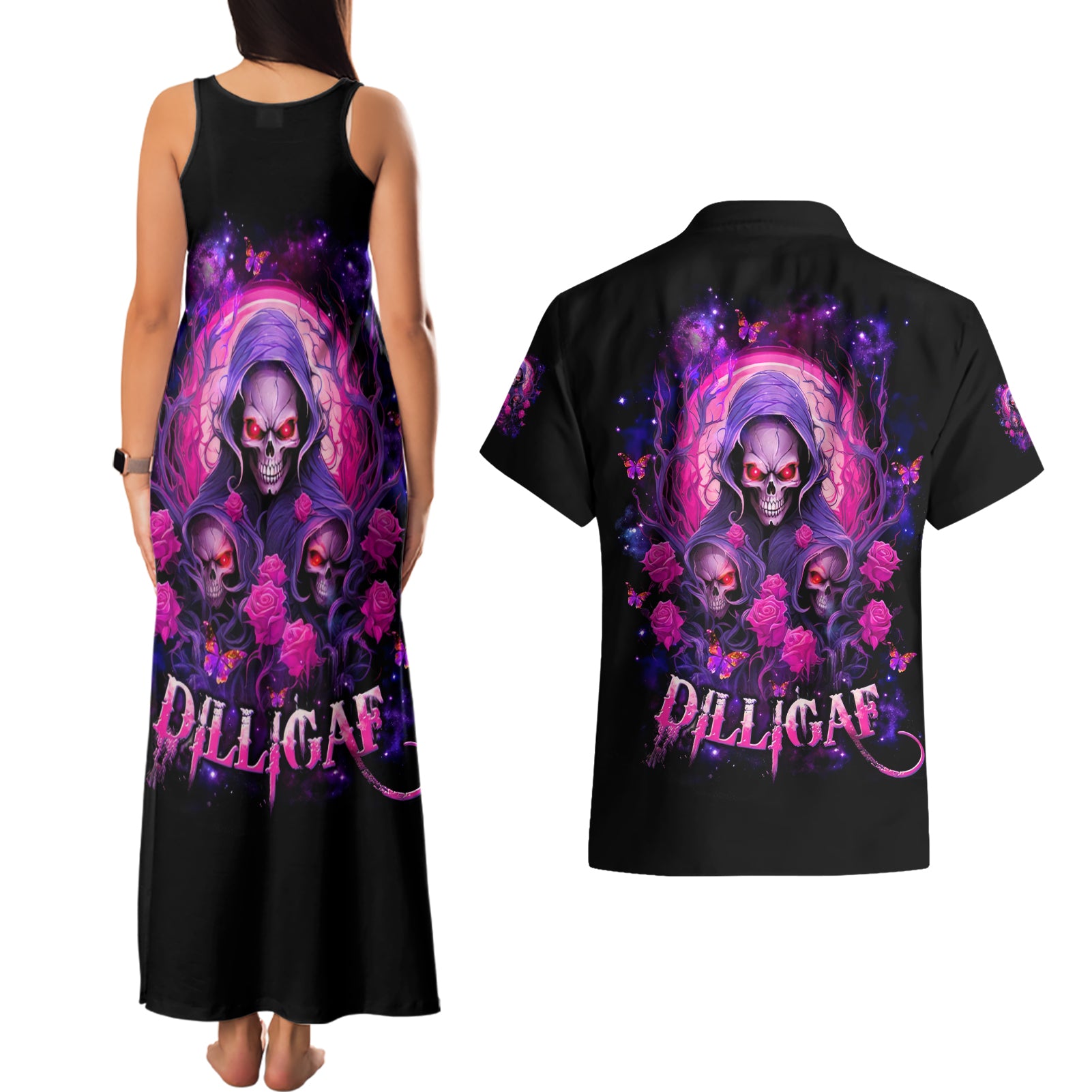 Rose Skull Couples Matching Tank Maxi Dress and Hawaiian Shirt DILLIGAG