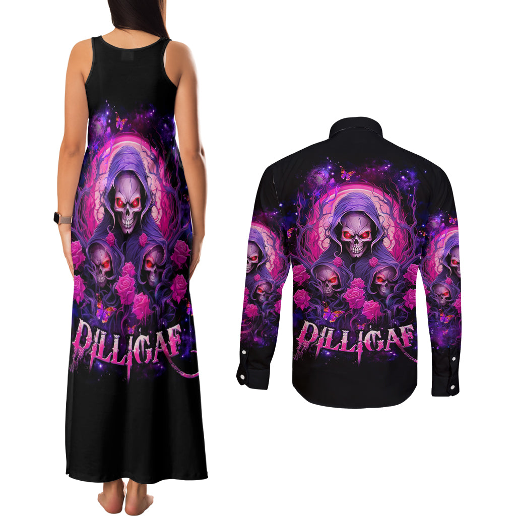 Rose Skull Couples Matching Tank Maxi Dress and Long Sleeve Button Shirt DILLIGAG