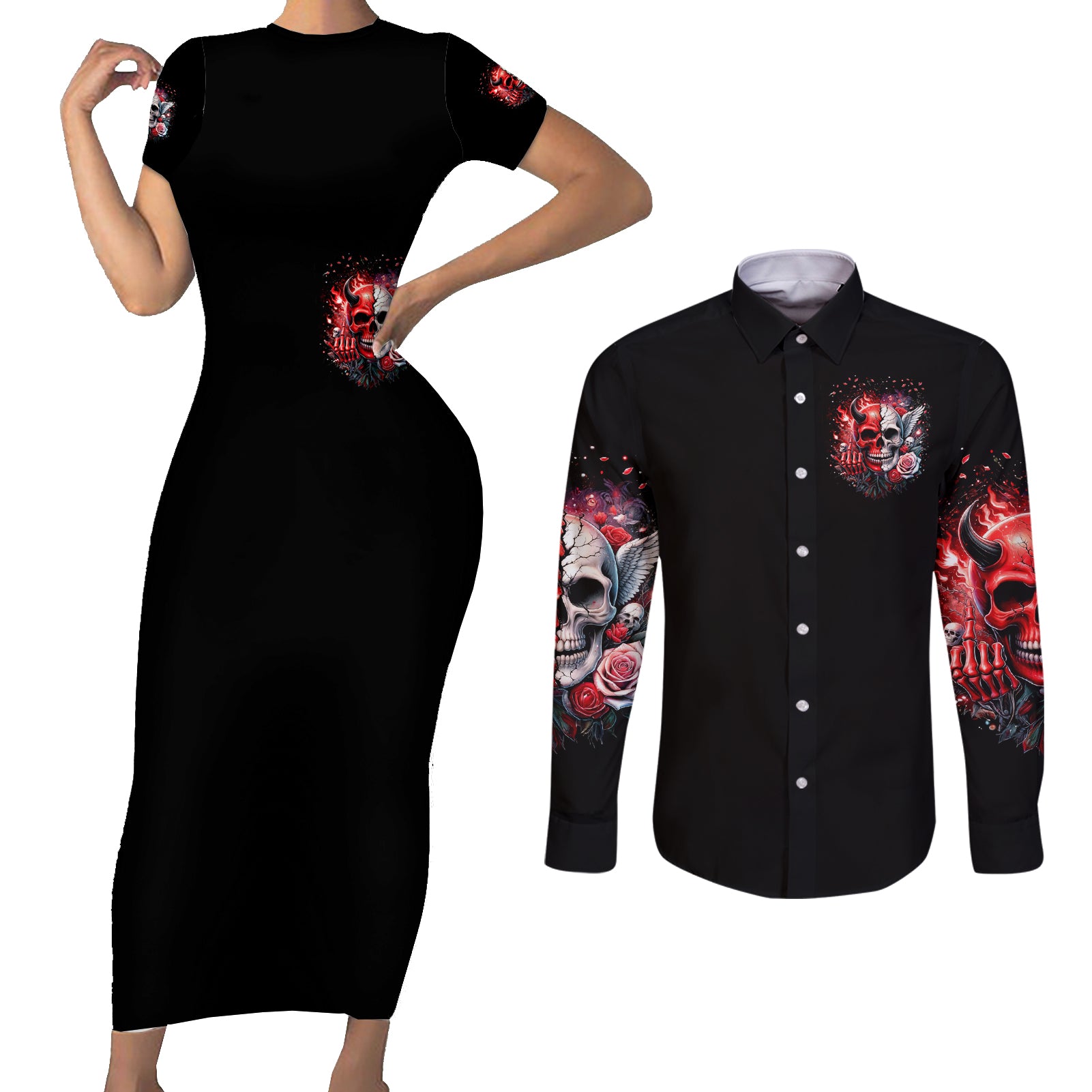 Evil Angel Skull Couples Matching Short Sleeve Bodycon Dress and Long Sleeve Button Shirt Fuck It All And Let My Demons Out To Play