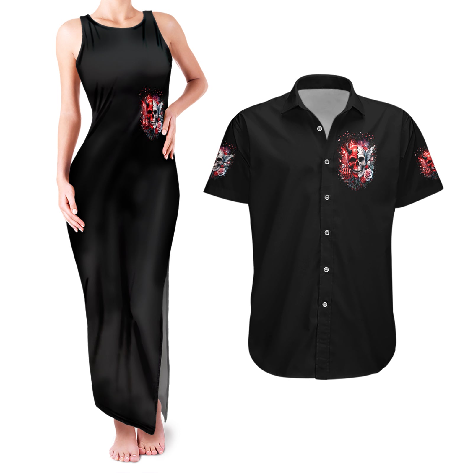 Evil Angel Skull Couples Matching Tank Maxi Dress and Hawaiian Shirt Fuck It All And Let My Demons Out To Play