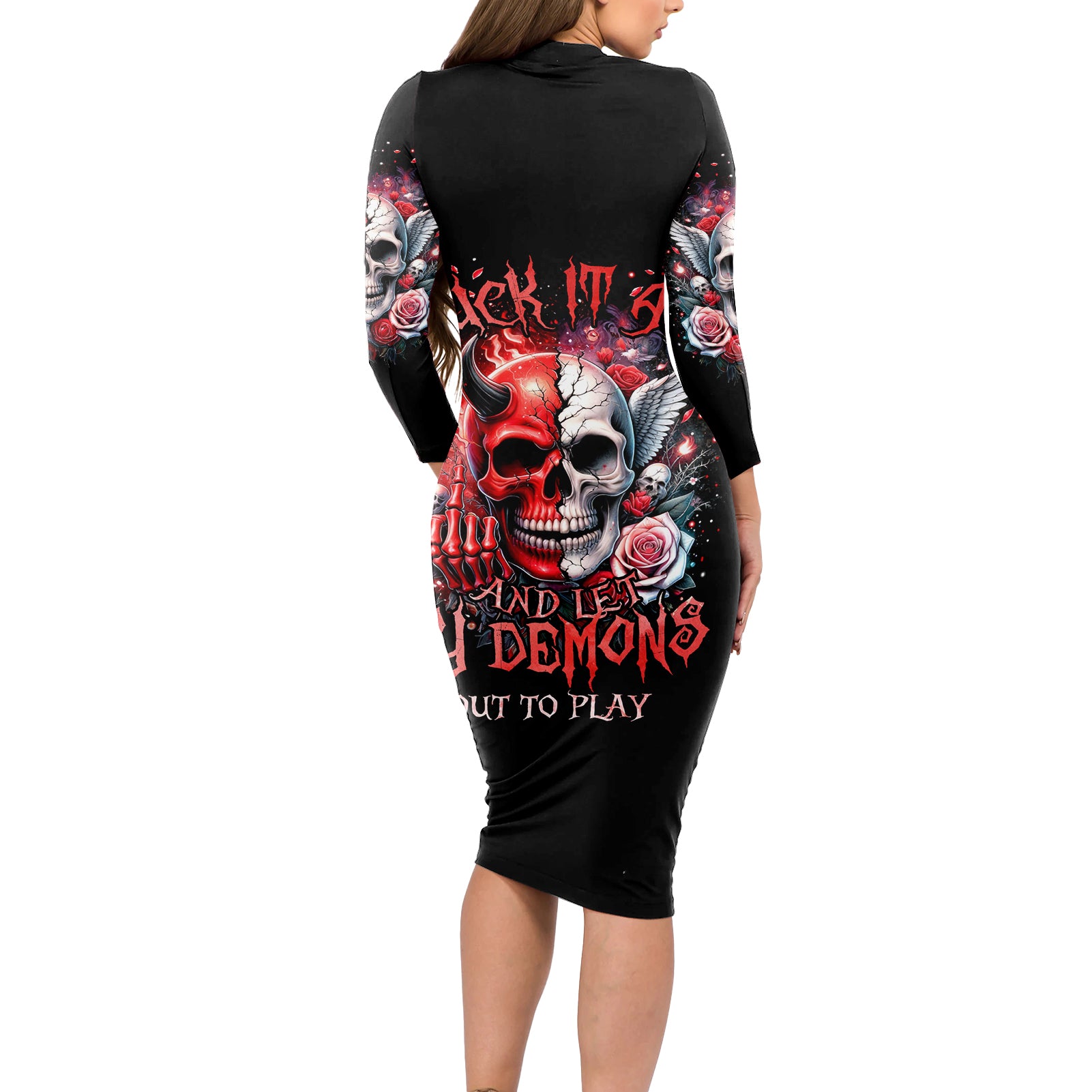 Evil Angel Skull Long Sleeve Bodycon Dress Fuck It All And Let My Demons Out To Play