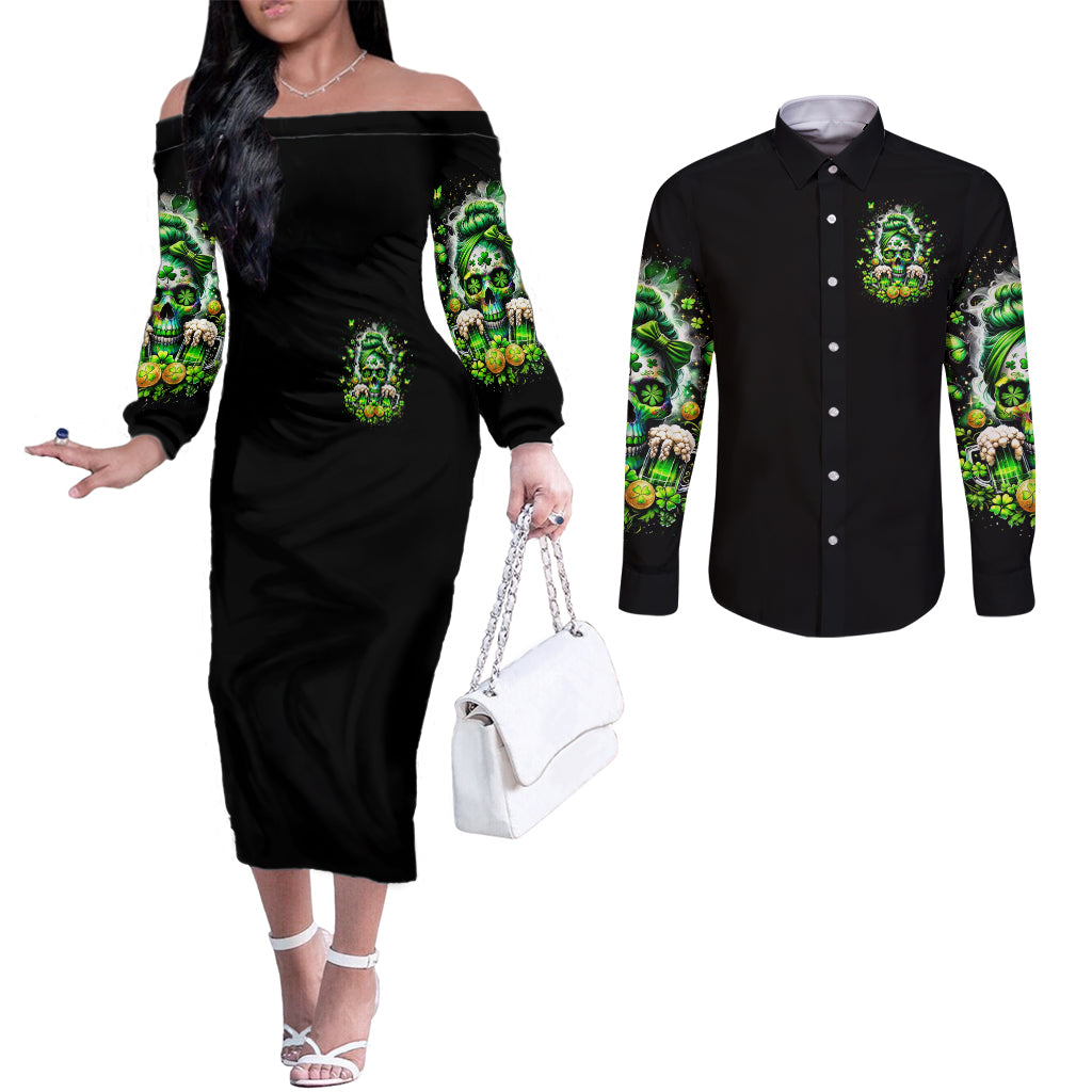 Irish Skull Couples Matching Off The Shoulder Long Sleeve Dress and Long Sleeve Button Shirt Good Girls Drink Wine Badass Girls Thug Beer
