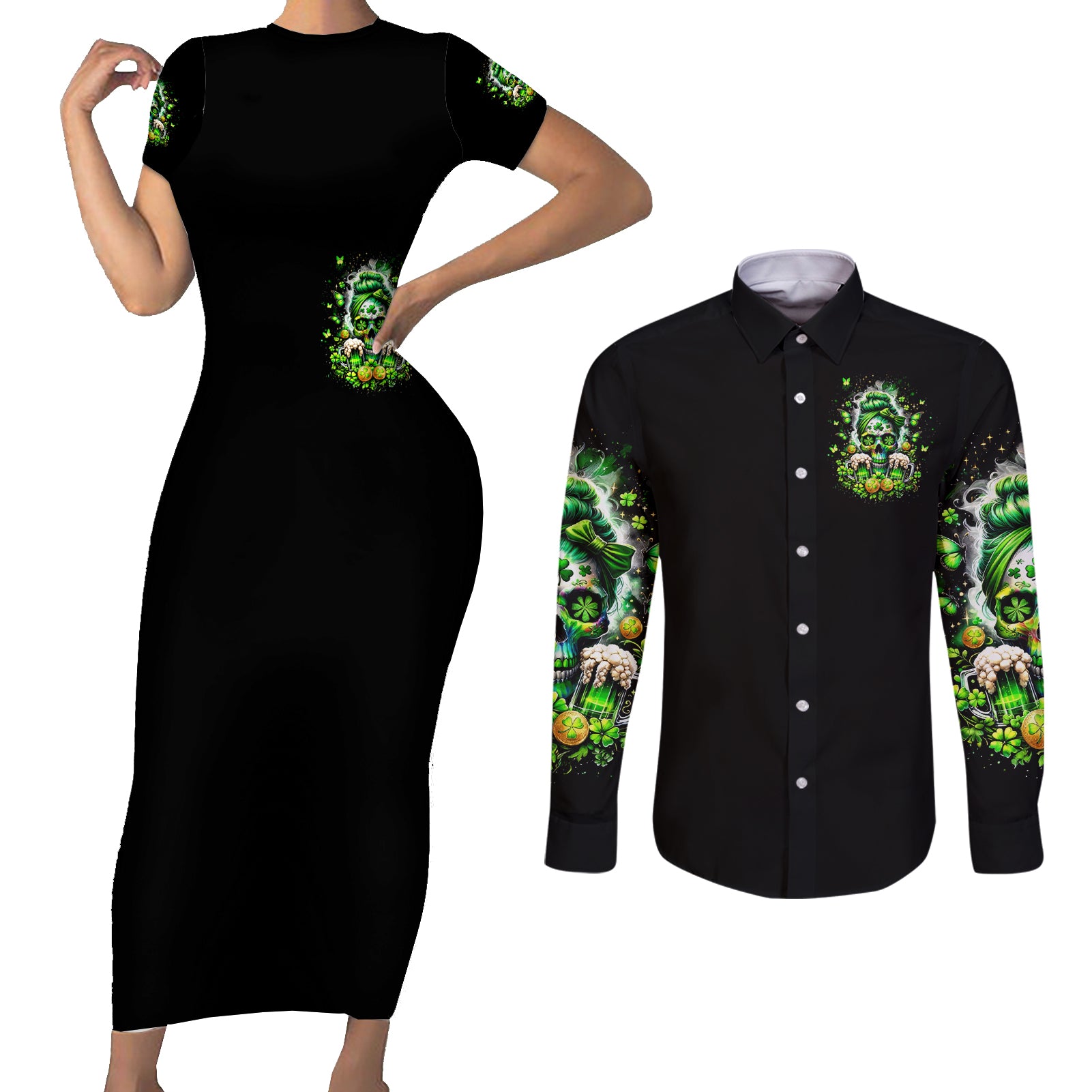 Irish Skull Couples Matching Short Sleeve Bodycon Dress and Long Sleeve Button Shirt Good Girls Drink Wine Badass Girls Thug Beer